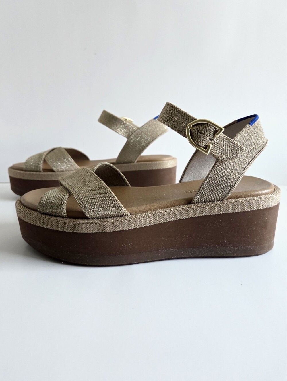 Rothy's Criss-Cross Metallic Gold/ Tan & Camel Platform Sandals, Size 6 - Picture 4 of 16